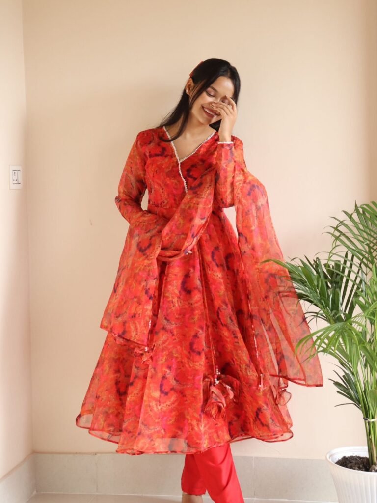 Red Color Organza Silk Anarkali Suit - Photo 4