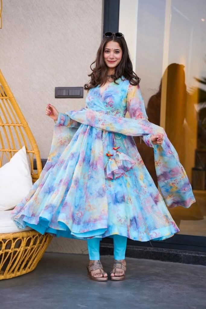 Sky Blue Color Digital Printed Designer Anarkali Gown - Photo 2