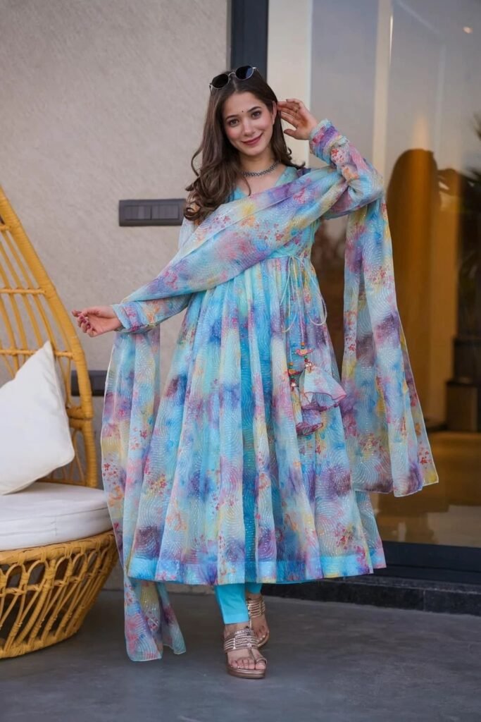 Sky Blue Color Digital Printed Designer Anarkali Gown - Photo 3