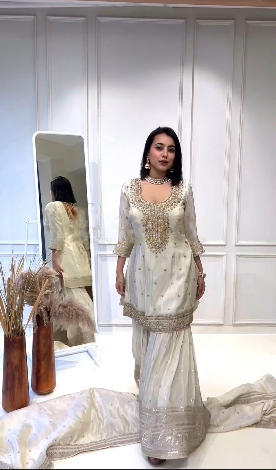 White Color Embroidery With Sequence Work Sharara Suit - Image 4