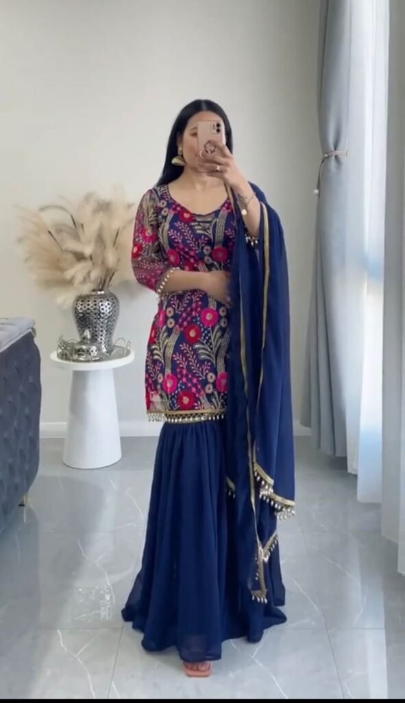 Blue Color Embroidery Work Sharara Suit - Photo 1