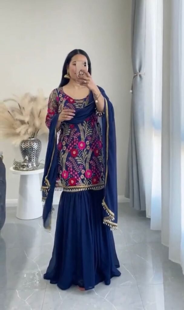 Blue Color Embroidery Work Sharara Suit - Photo 2