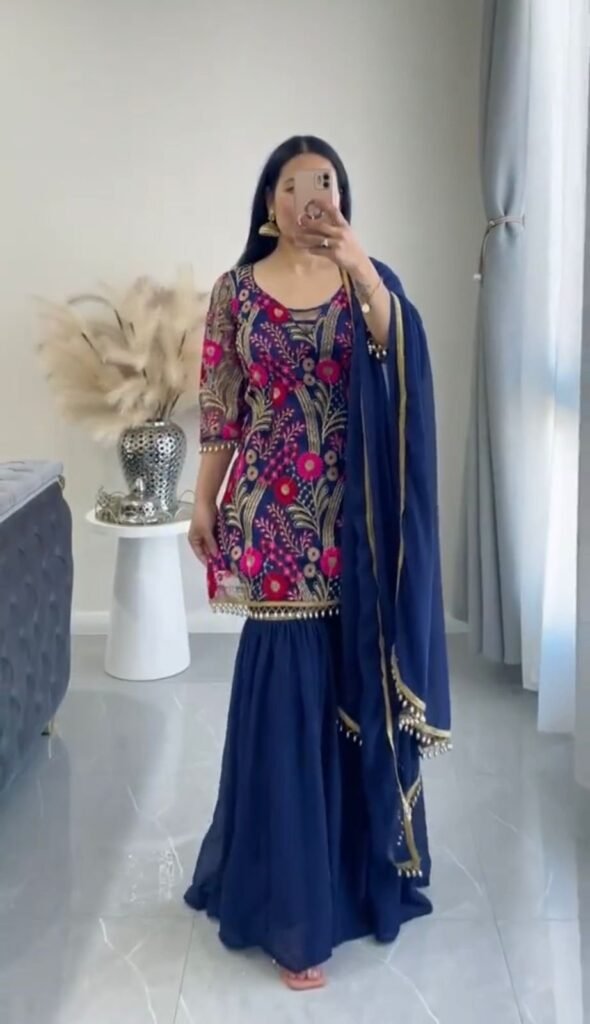 Blue Color Embroidery Work Sharara Suit - Photo 3
