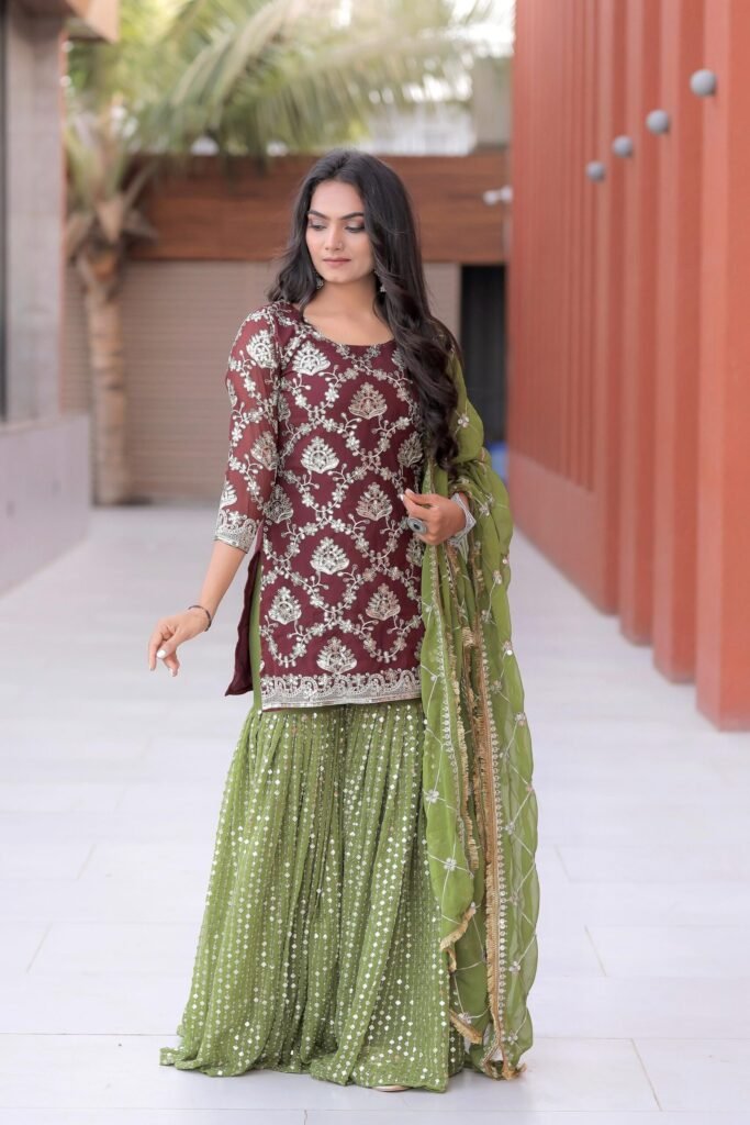 Maroon Color Georgette Embroidered Sharara Suit - Photo 2