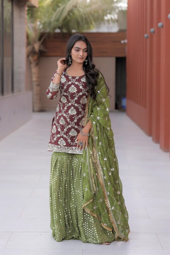 Maroon Color Georgette Embroidered Sharara Suit - Photo 3