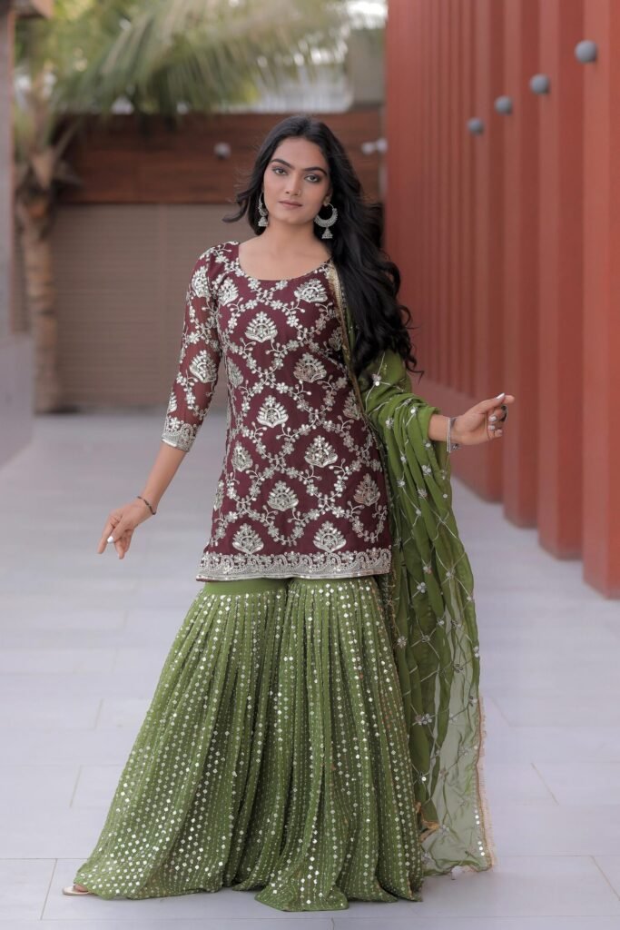 Maroon Color Georgette Embroidered Sharara Suit - Photo 1