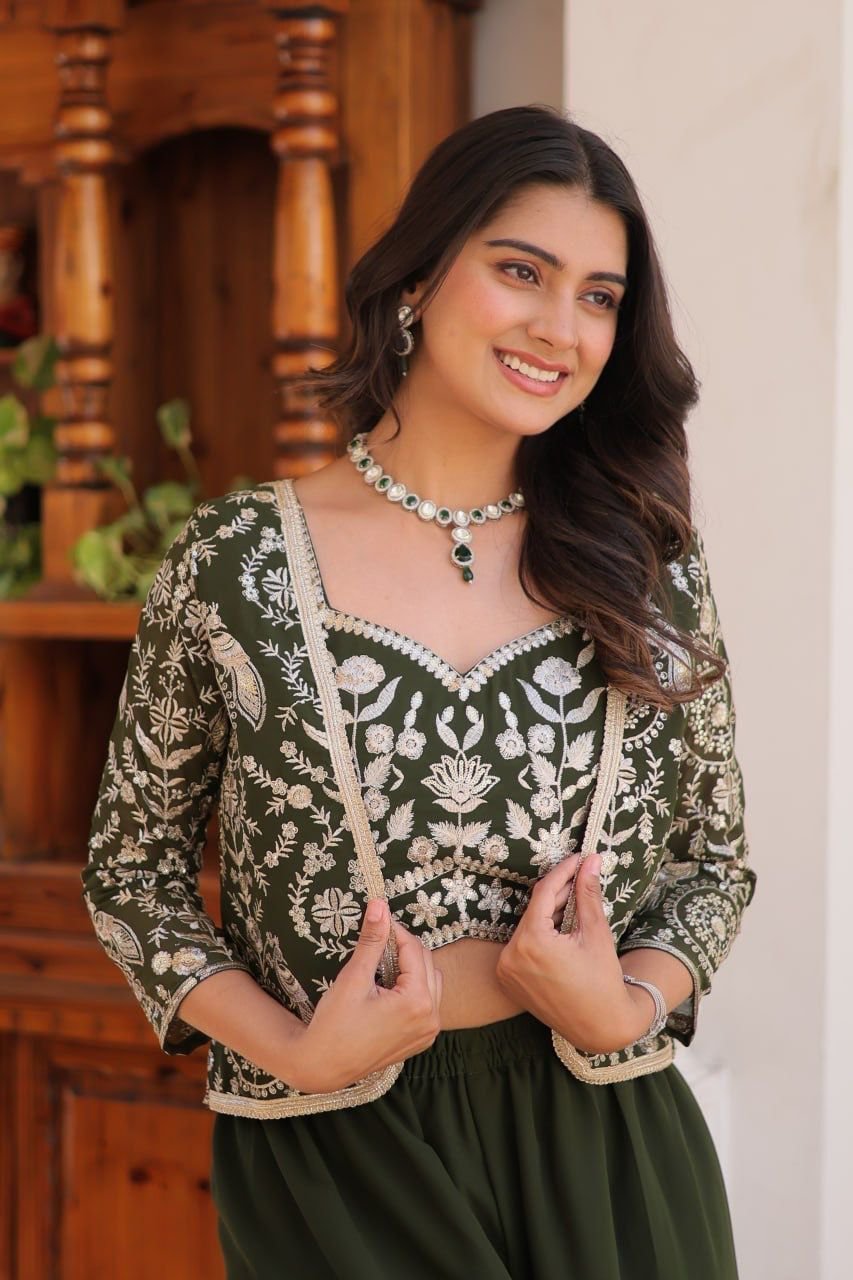 Designer Mehndi Color Koti With Palazzo - Image 5