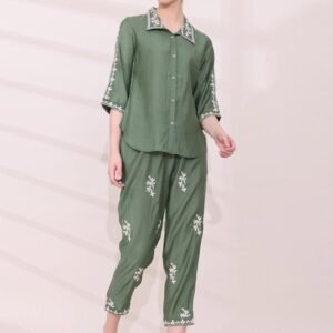 Green Floral Embroidered Shirt with Trousers Co-ord Set