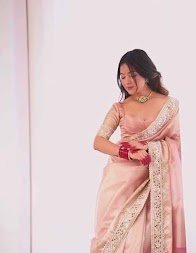 Blush Pink Satin Saree with Hand Embellished Border - Image 3