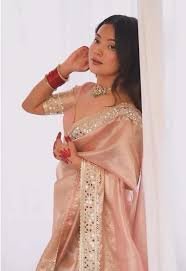 Blush Pink Satin Saree with Hand Embellished Border - Image 4