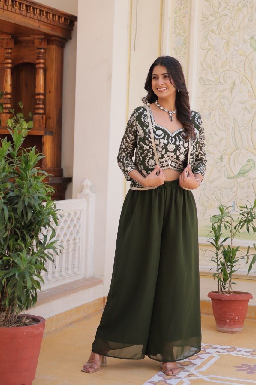 Designer Mehndi Color Koti With Palazzo - Image 2