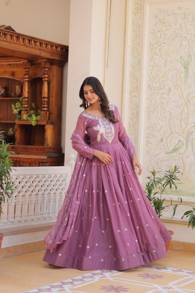 Georgette Lavender Color Embroidered Gown - Photo 3