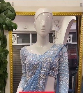 Sea Green Chinon Crape Drape Saree With Resham, Mirror, and Japanese Cut Dana - Image 3