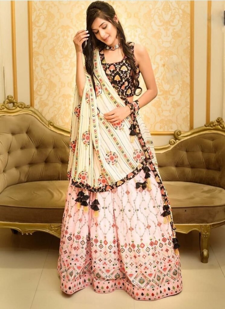 White Color Mirror Work Printed Lehenga Choli - Photo 3