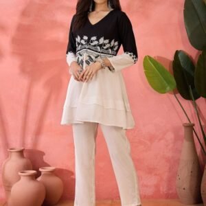 Floral Embroidered V-Neck Tunic and Trouser Co-ord Set
