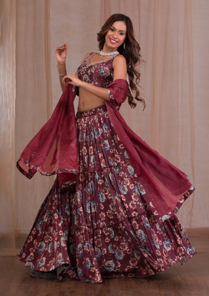 Brown Cutdana Satin Readymade Lehenga - Photo 1
