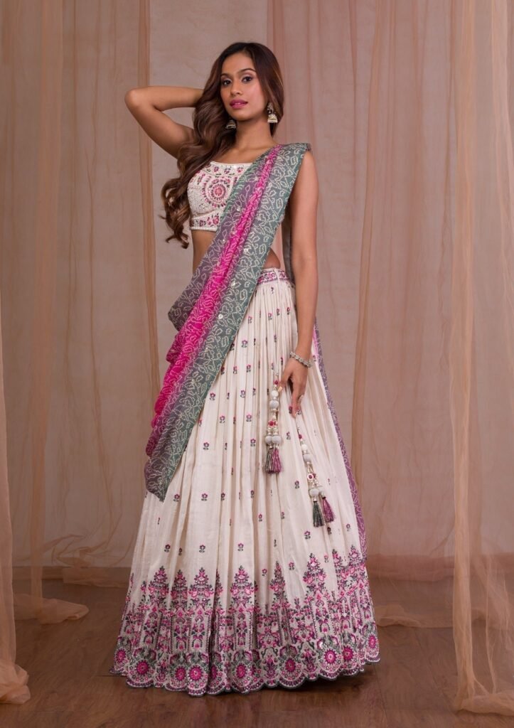 Cream Threadwork Semi Crepe Readymade Lehenga - Photo 1