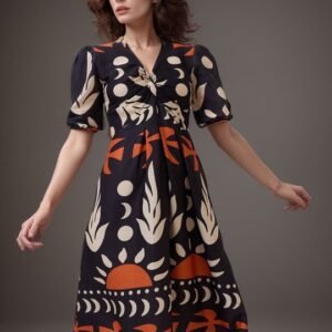 Black Abstract Sun & Leaf Print A-Line Midi Dress