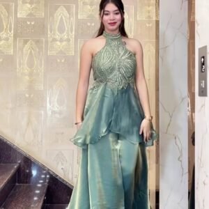 Sage Green Embellished Halter Top with Flowy Satin Palazzo Set