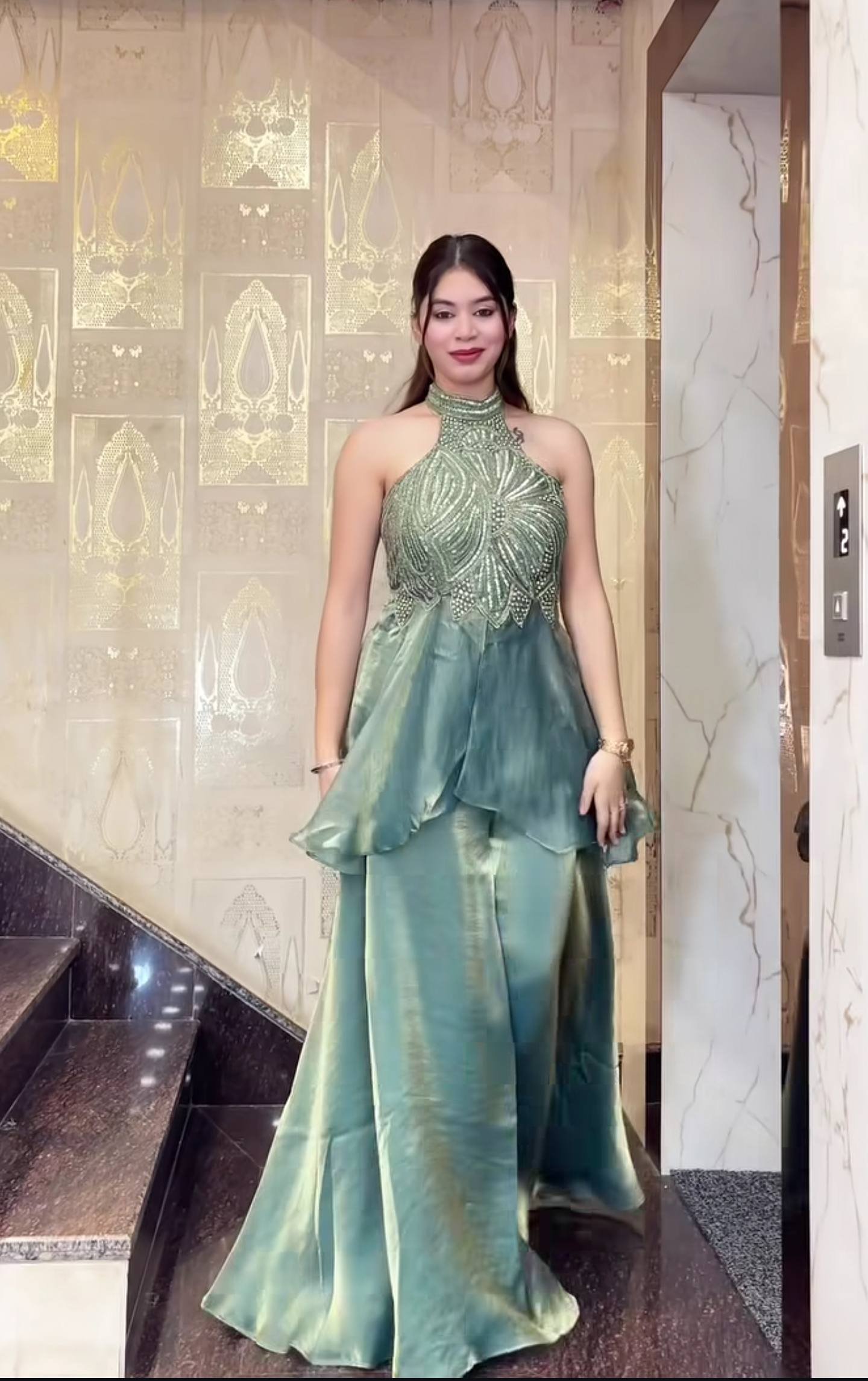 Sage Green Embellished Halter Top with Flowy Satin Palazzo Set