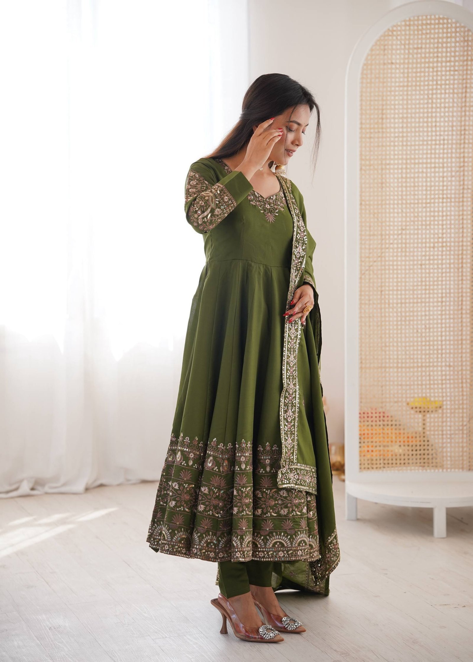 Mehendi Green Roman Silk Embroidered Anarkali Set - Image 4
