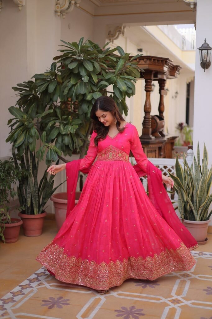 Rani Pink Embroidered Anarkali Gown for Festive & Wedding Wear - Photo 3