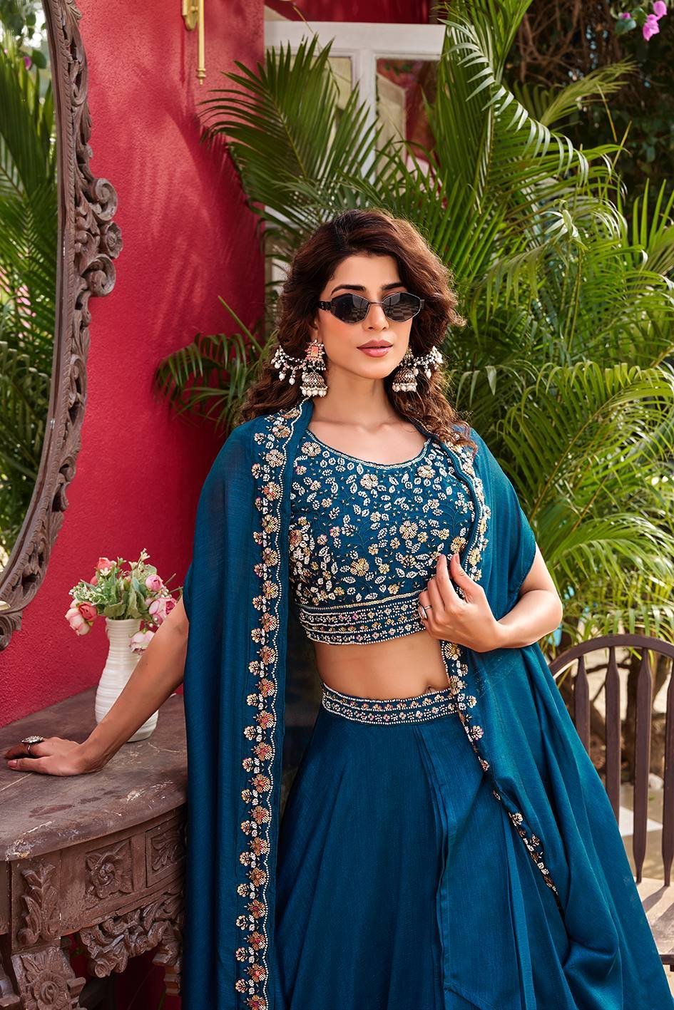 Teal Embroidered Lehenga Set with Cape-Style Dupatta - Image 3