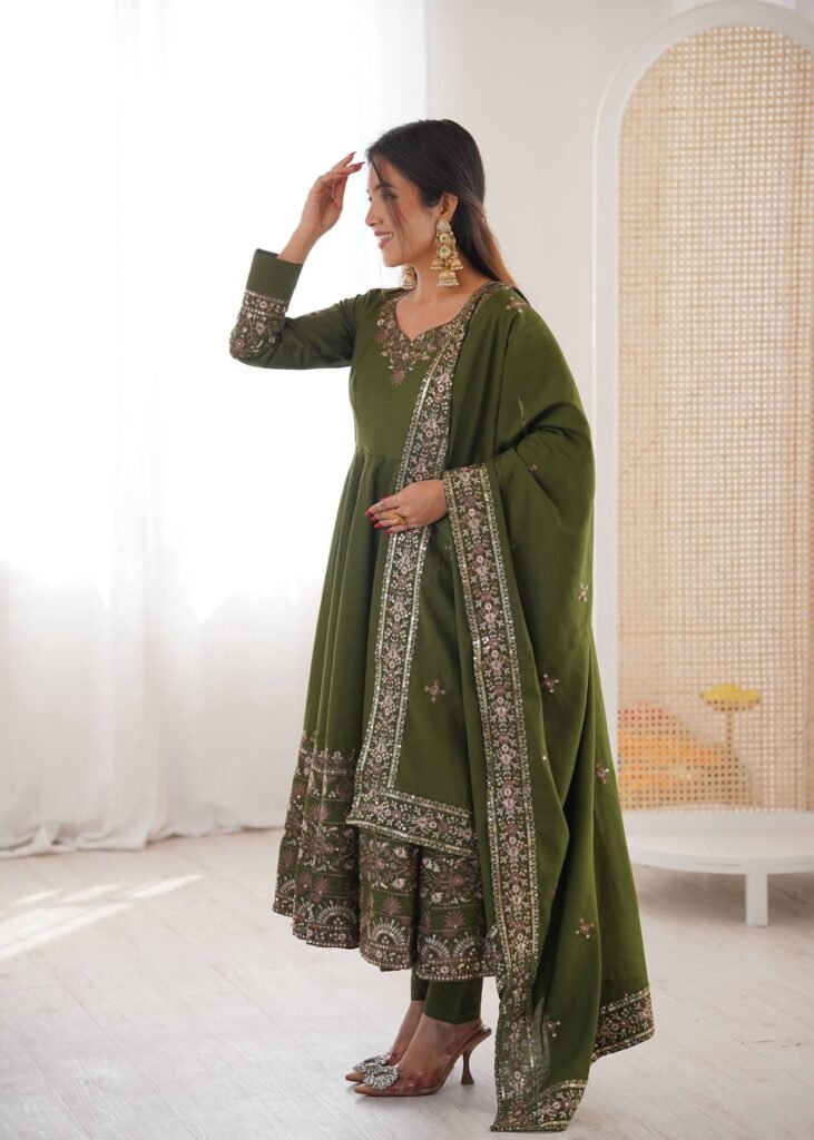 Mehendi Green Roman Silk Embroidered Anarkali Set - Photo 4
