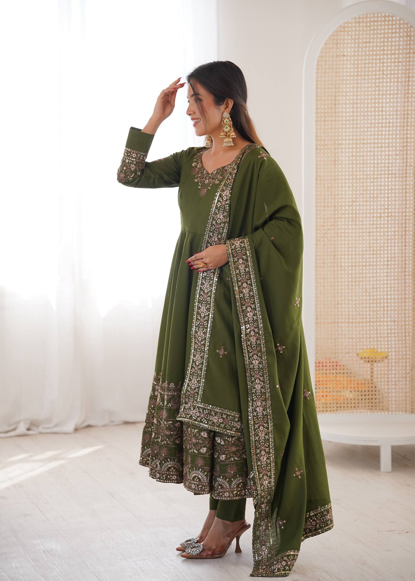 Mehendi Green Roman Silk Embroidered Anarkali Set - Image 5