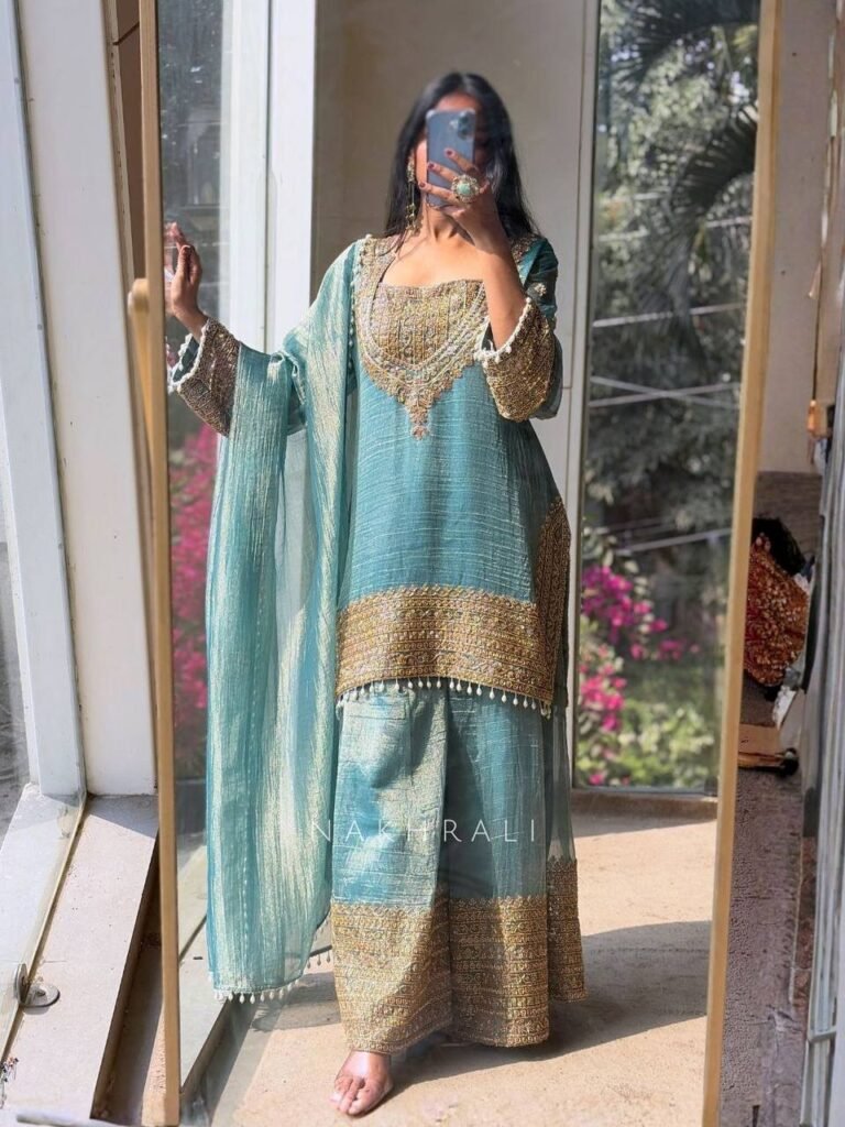 Firozi Fendy Silk Embroidered Sharara Suit Set with Lace Work - Photo 2