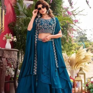 Teal Embroidered Lehenga Set with Cape-Style Dupatta