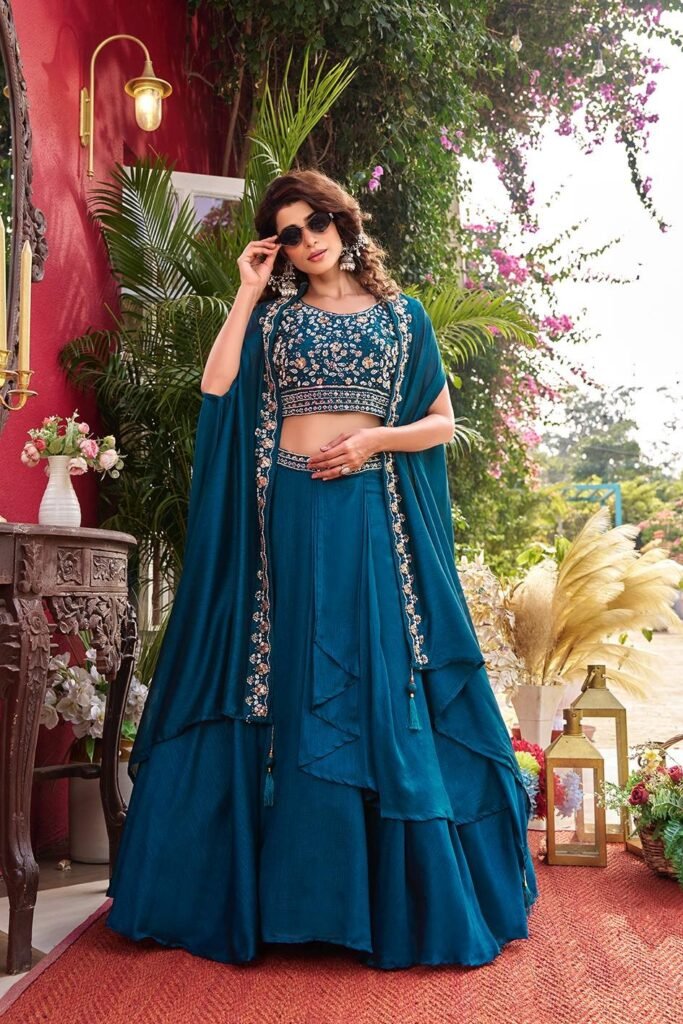 Teal Embroidered Lehenga Set with Cape-Style Dupatta - Photo 1