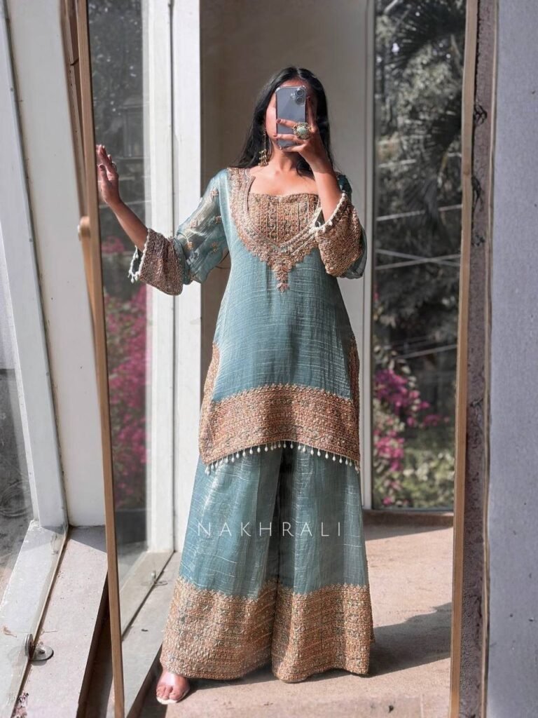 Firozi Fendy Silk Embroidered Sharara Suit Set with Lace Work - Photo 3