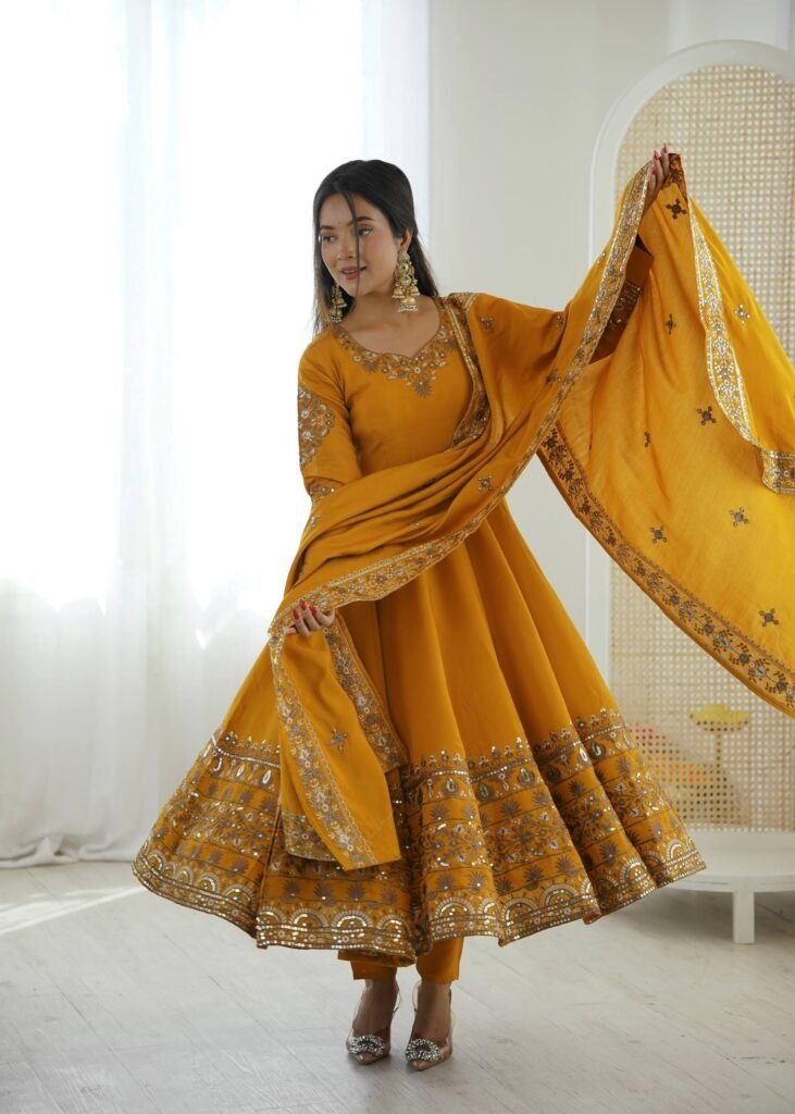 Mustard Embroidered Anarkali Suit with Matching Dupatta - Photo 1