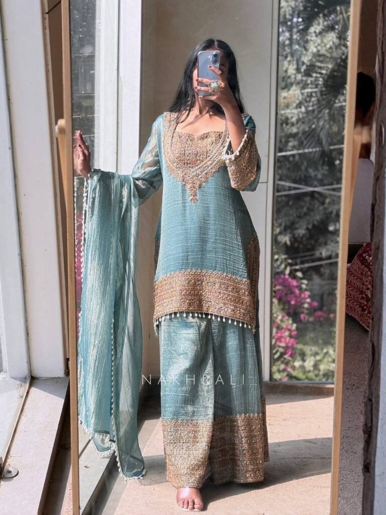 Firozi Fendy Silk Embroidered Sharara Suit Set with Lace Work - Photo 4