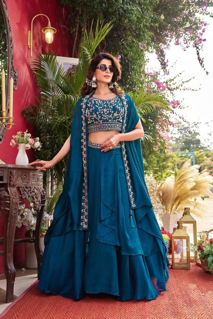 Teal Embroidered Lehenga Set with Cape-Style Dupatta - Photo 3