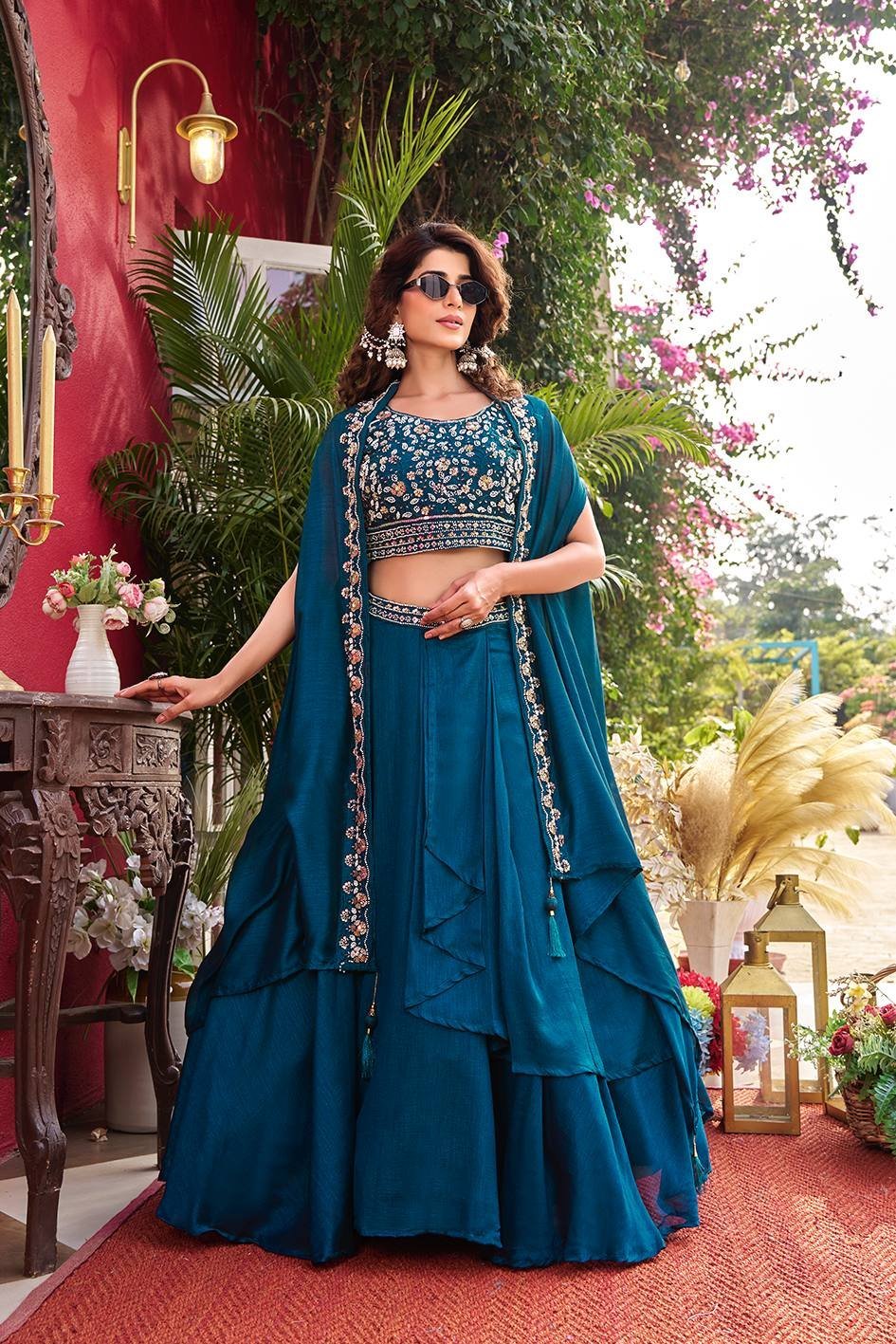 Teal Embroidered Lehenga Set with Cape-Style Dupatta - Image 4