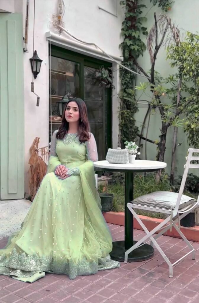Pista Green Embroidered Gown with Lehenga and Dupatta Set - Photo 1