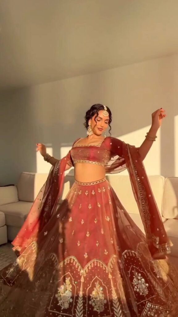 Dusty Rose Embroidered Lehenga Set with Sheer Dupatta - Photo 2