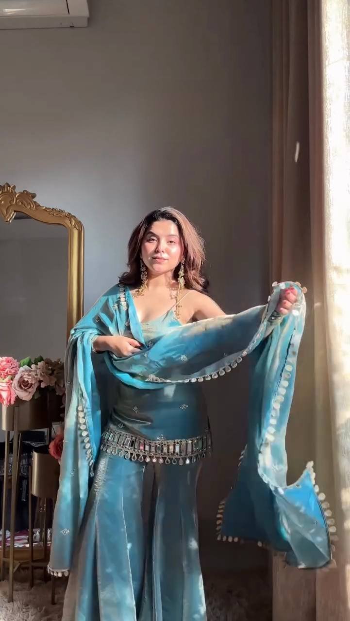 Teal Mirror-Embellished Kurta Set with Flared Pants and Dupatta - Image 2