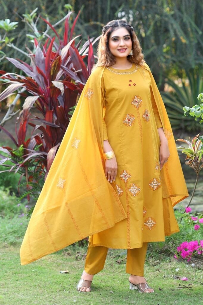 Mustard Pure Cotton Real Mirror Work A-Line Kurti Set - Photo 2