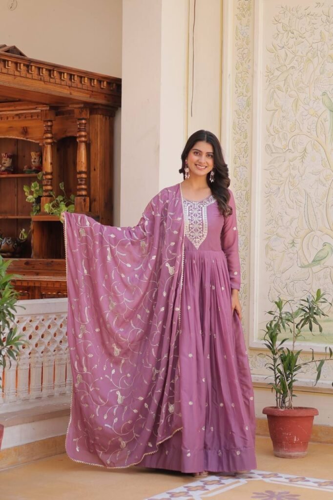 Georgette Lavender Color Embroidered Gown - Photo 2