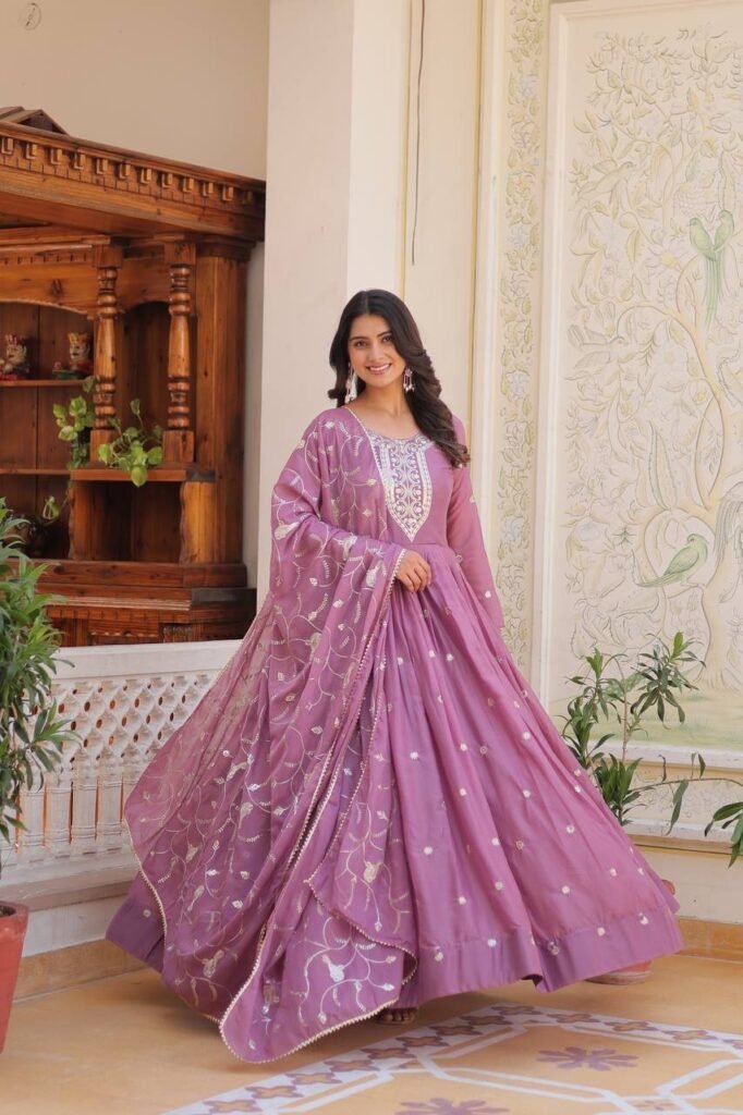 Georgette Lavender Color Embroidered Gown - Photo 4