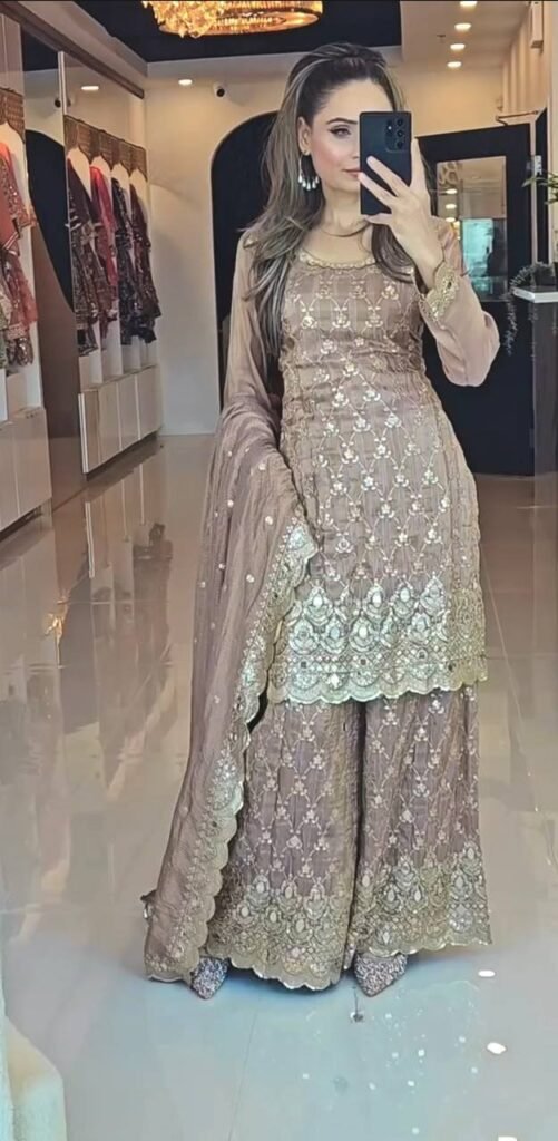 Beige Color Embroidery Work Sharara Suit - Photo 3