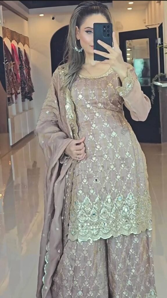 Beige Color Embroidery Work Sharara Suit - Photo 1