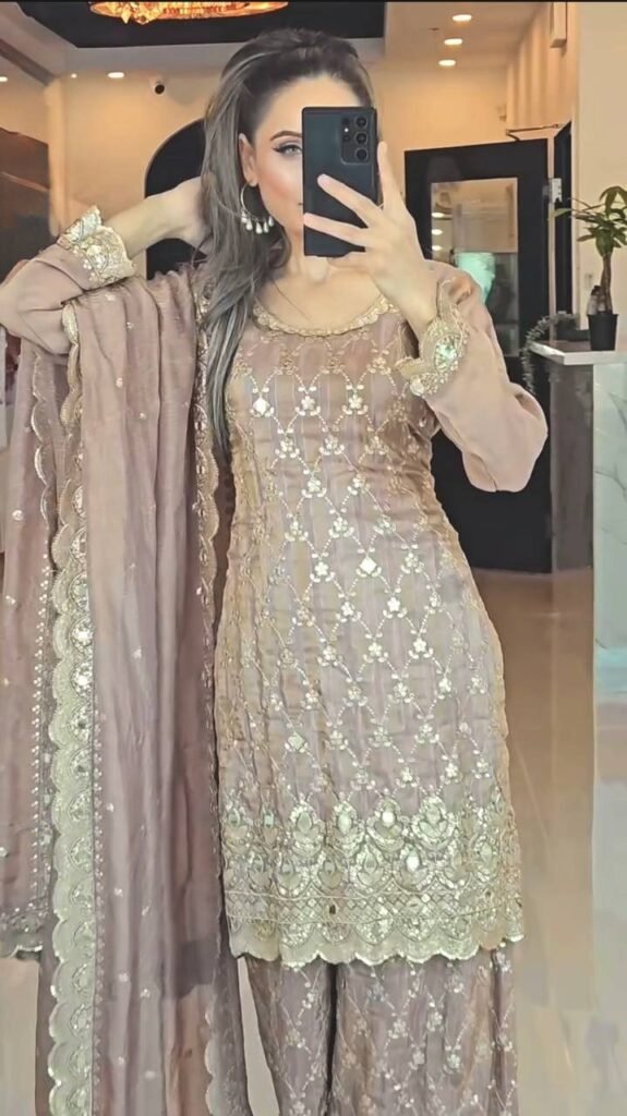 Beige Color Embroidery Work Sharara Suit - Photo 4