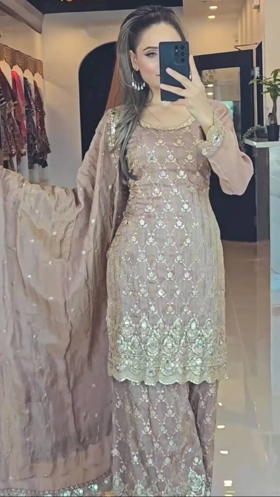 Beige Color Embroidery Work Sharara Suit - Photo 5