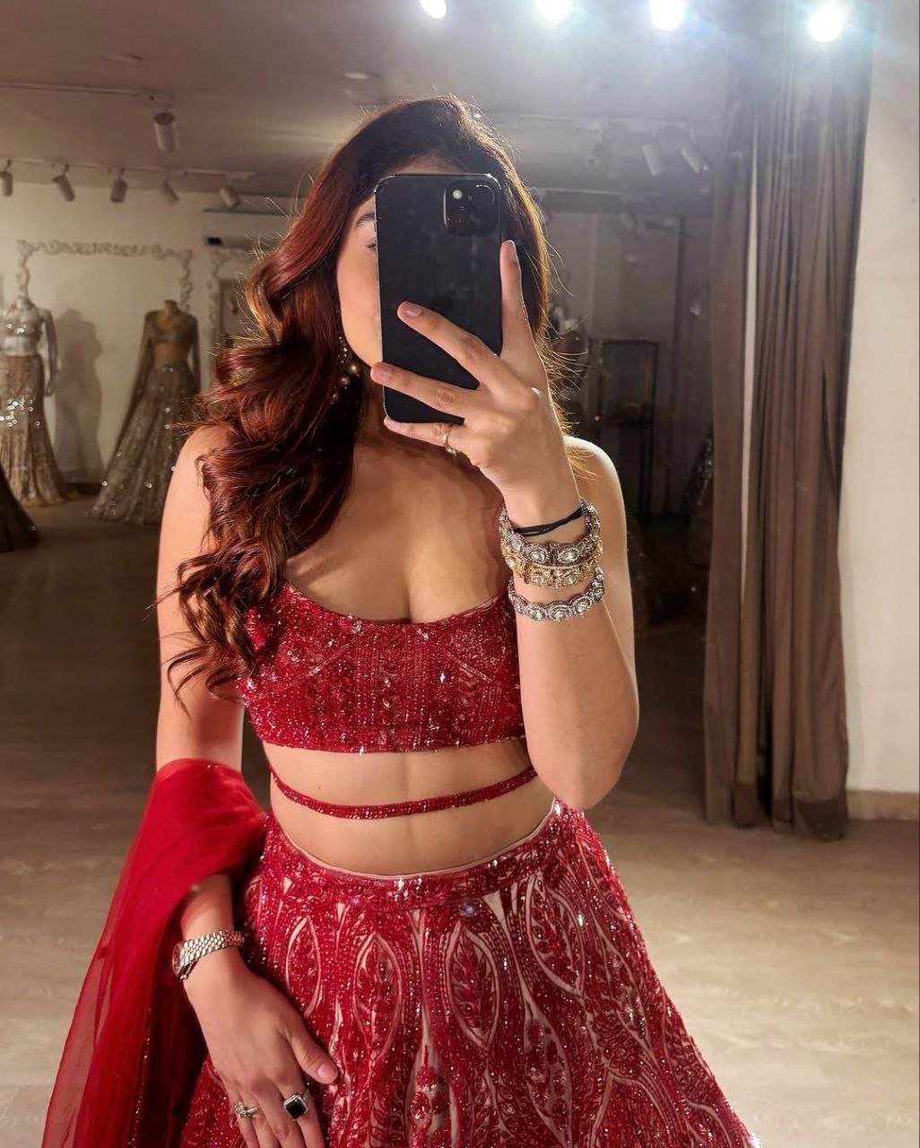 Red Color Thread Embroidery Work Lehenga Choli
