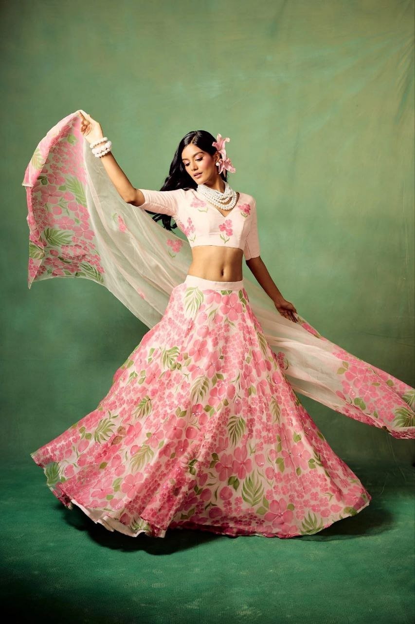 White Color Flower Printed Lehenga Choli - Image 5