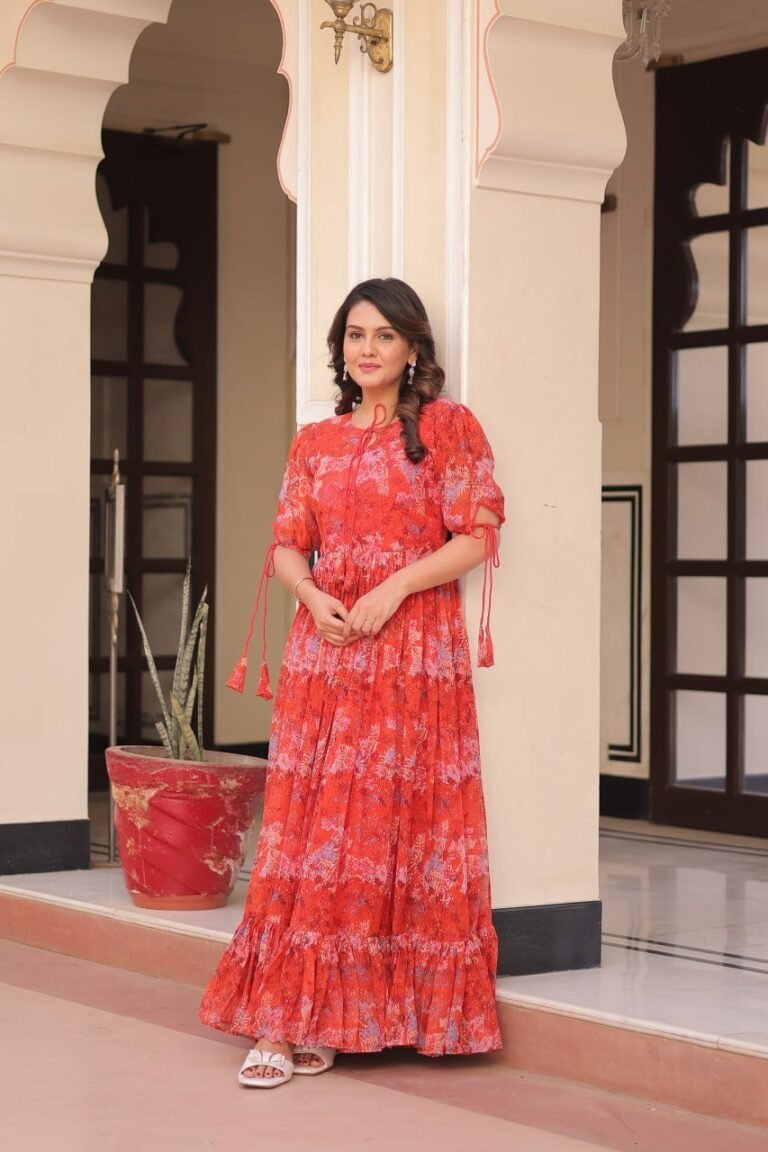 Red Color Flower Print Gown